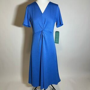 NWT MSK Blue V-Neck Short Sleeve Twist Front Midi Dress Womens Petite Size PL